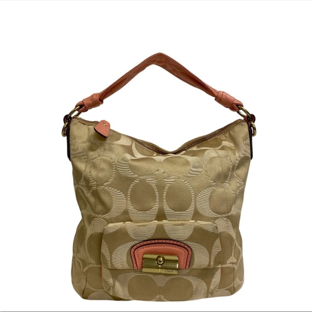 COACH KRISTIN SIGNATURE SATEEN HOBO BAG/ CROSSBODY BAG CORAL/CREAM #14904